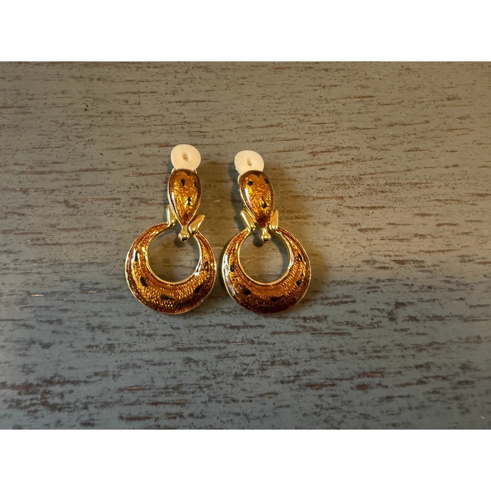 Vintage Gold Tone Amber Enamel Door Knocker Clip On Earrings Retro 1.5 Inch